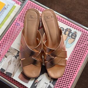 No. 6 Metallic Gold Crisscross Wedge Mules